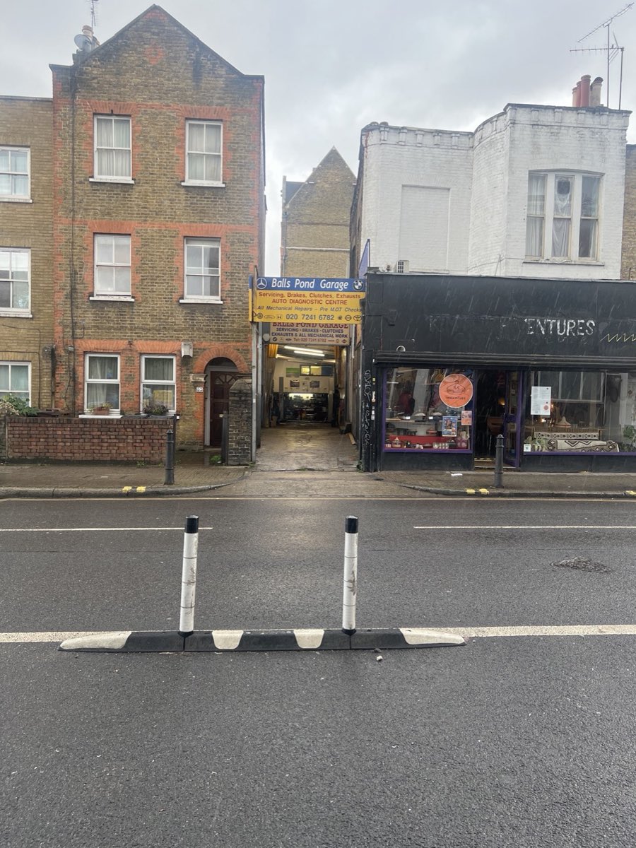 The Balls Pond Garage entrance and signage on Balls Pond Road, Dalston N1